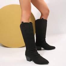 2026 Autumn New Ruched Boots, Women's Mid-Calf Denim Knee-High Boots, Western Style Tall Boots, Pointed Toe Chunky Square Heel Relaxed High-Shaft Boots, Black Disco Party Dress Boots, Suitable For Nightclub Outings - Black - View 8