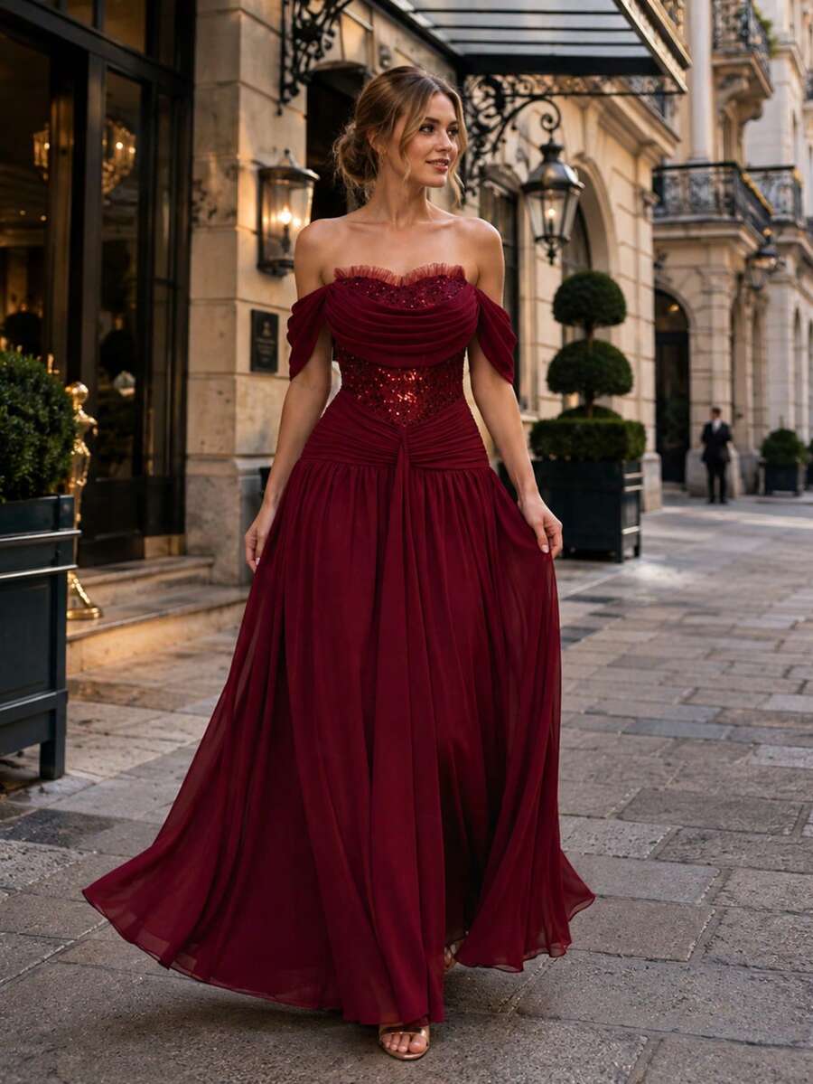 VIPGIRL Burgundy Cold Shoulder Sequin Corset Evening Dress Ruched Drop Waist Pleated Chiffon Flowy A-Line Floor Length Prom Party Wedding Guest Maxi Dress Fall - Burgundy - View 1