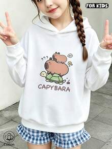 Kids Cartoon Capybara Print Loose Fit Hooded Sweatshirt, Breathable Cotton Long Sleeve Pullover For Daily Wear In Spring & Autumn, Cute Casual Gift - White - View 4