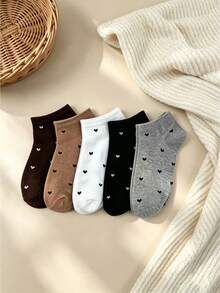 5 Pairs Minimalist Small Heart Pattern Short Socks For Women, Low-Cut Boat Socks, Spring/Autumn Versatile Cotton Socks, Japanese Soft Style Solid Color Invisible Socks - Multicolor - View 6