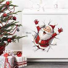 1pc Santa Claus Breaking Through Wall Toilet Sticker, Self-Adhesive PVC Matte Bathroom Decor, Removable No Residue, Cartoon Christmas Design With Dynamic Santa And Snowflake Tear Effect, For Toilet And Home Holiday Decoration To Create Festive Atmosphere - one-size - View 5