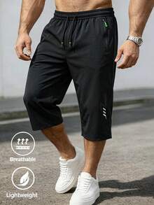 Men's Solid Color Sports 3/4 Pants, Elastic Drawstring Design Adjustable And Pockets Convenient To Carry, Lightweight And Comfortable, Suitable For Summer Sports And Casual Wear - Black - View 1