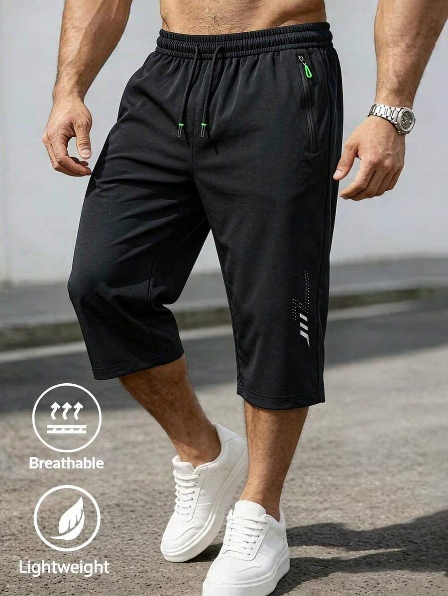 Men's Solid Color Sports 3/4 Pants, Elastic Drawstring Design Adjustable And Pockets Convenient To Carry, Lightweight And Comfortable, Suitable For Summer Sports And Casual Wear - Black - View 1