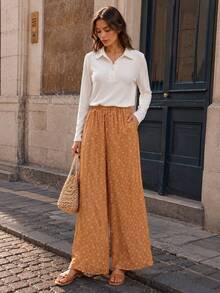 LuminousWealth Women's Bohemian Vacation Style Printed Wide Leg High Waist Casual Long Pants - Orange - View 1