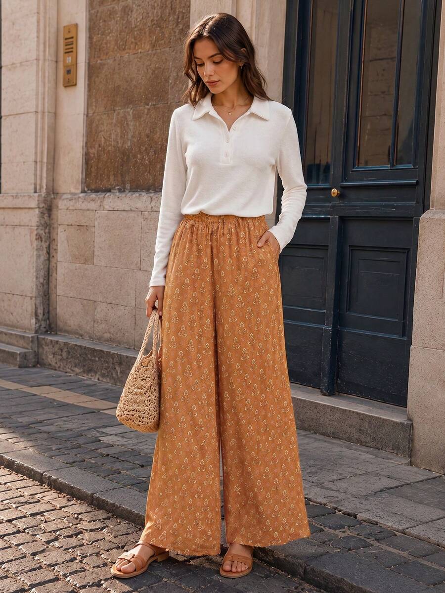 LuminousWealth Women's Bohemian Vacation Style Printed Wide Leg High Waist Casual Long Pants - Orange - View 1
