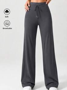 Women's High Waist Loose Wide Leg Pants, Summer Lightweight Wide Leg Yoga Pants, Casual Loose Straight Leg Pants, Tummy Control Wide Leg Pants, Slimming Butt Lifting Yoga Pants, Fitness Training Casual Pants High Elasticity Long Pants, Office Work Pants, Gym Training Long Pants, Spring Summer Autumn Winter Full Length Long Pants, All Season Formal And Casual Long Pants, Women's Clothing - Grey - View 3