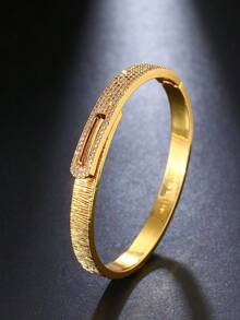 1pc Women's Luxury Textured Gold Hinge Bracelet, Sparkling Rhinestone Zirconia Clasp, Birthday Anniversary Holiday Gift, Daily Commute Jewelry - Gold - View 8