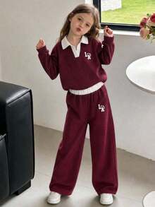 Tween Girl Cartoon English Graphic Print V-Neck Long Sleeve Warm Sweatshirt And Pants - Burgundy - View 1