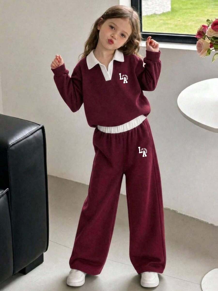 Tween Girl Cartoon English Graphic Print V-Neck Long Sleeve Warm Sweatshirt And Pants - Burgundy - View 1