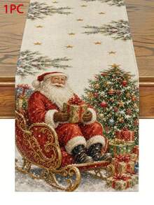 Christmas Table Runner, Throw Pillow, Placemat, Vintage Santa Claus Sleigh Gift Christmas Tree Print, Winter Snow Scene, Kitchen Dining Room Holiday Tabletop Decor - Multicolor - View 12