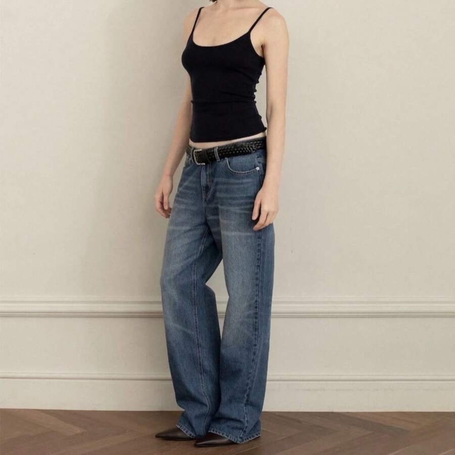Vintage Straight Wide-Leg Slimming Jeans Pants - 中藍色 - 查看 1