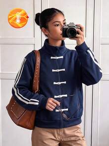 Big Girls Autumn/Winter New Chinese Style Retro Thick Warm Zipper Jacket Striped Colorblock Cardigan With Frog Button Design Knitted Top European & American Tween Fashion Long Sleeve Cardigan - Royal Blue - View 3