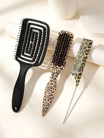 3pcs Leopard Print Hair Brush Set, Hollow Detangling Vent Brush, Boar Bristle Smoothing Brush, Rat Tail Comb, Anti-Static Salon Hair Styling Tool Set, Suitable For Women Curly/Natural Hair Daily Braiding Ponytail Hairstyling Accessories