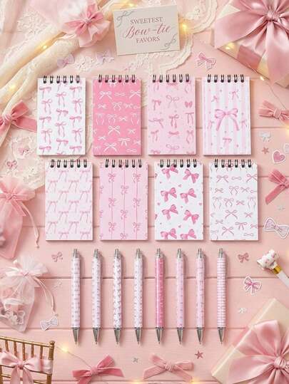 1/8 Set Pink Bow Spiral Notebook And Ballpoint Pen Set, Suitable For Pink Bow Party Favors, Birthday Party Gifts, Bridal Shower Favors, Pink Bow Theme Birthday Decorations, Wedding Gifts, Baby Shower Decorations, Home Daily Use, Office Supplies, Shopping Lists, Daily Records, Holiday Decorations, Pink Bow Decorations, Back To School Gifts And More.