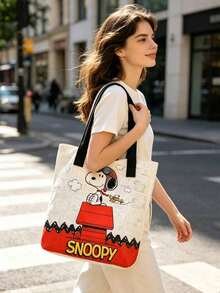 Snoopy 粉色卡通印花帆布托特包，大容量單肩手提包，可愛學生書包，休閒通勤購物包，適合女性與青少年女孩 - C - 查看 4