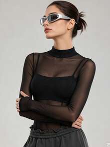 KyrLssu Women Fashion Sheer Mesh Mock Neck Long Sleeve Top, Figure‑Hugging See‑Through Layering Shirt, Multi‑Styling Stand Collar Top - Black - View 3