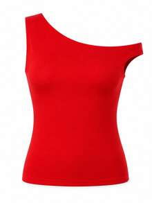 Summer Casual Solid Color Oblique Shoulder Fitted Blouse Red - Red - View 4