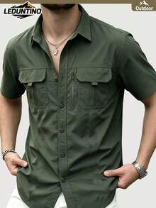 LEDUNTINO [Spring/Summer] Men's Fashion Casual Workwear Shirt, Sporty Style, Solid Color, Green, Husband/Boyfriend Gift, Button-Up Sports - Army Green - View 2