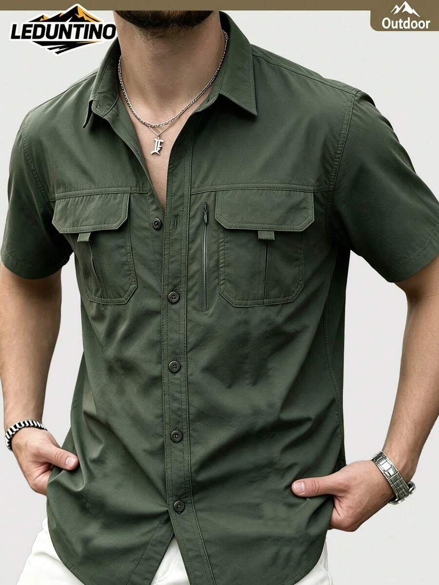 LEDUNTINO [Spring/Summer] Men's Fashion Casual Workwear Shirt, Sporty Style, Solid Color, Green, Husband/Boyfriend Gift, Button-Up Sports