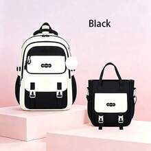 Juego de 2 piezas de mochila y bolso tote con bloques de color, gran capacidad, múltiples compartimentos, estilo coreano, versátil para campus y desplazamientos - Conjuntos - Ver 7