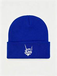 1pc Y2K Gothic Skeleton Rock Gesture Embroidery Knit Beanie, Unisex Streetwear Warm Cuffed Knitted Hat For Halloween Fall Winter - Finger - View 17