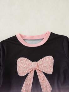 Girls' Casual Fashion Sweet Style Cinched Waist Bow Round Neck Gradient Long Sleeve Top, Spring/Autumn - Pink - View 4