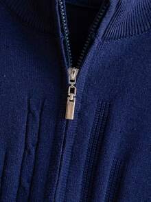 Young Boys' Preppy Striped Cable Knit Cardigan Sweater, Suitable For School Daily Wear In Spring, Autumn And Winter - Navy Blue - View 4