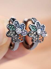 1 Pair Of Exquisite Inlayed Cubic Zirconia Flower-Design Women's Earrings-A Fresh, Eye-Catching Accessory For Everyday Outfits And A Perfect Gift - Gun Black - View 1