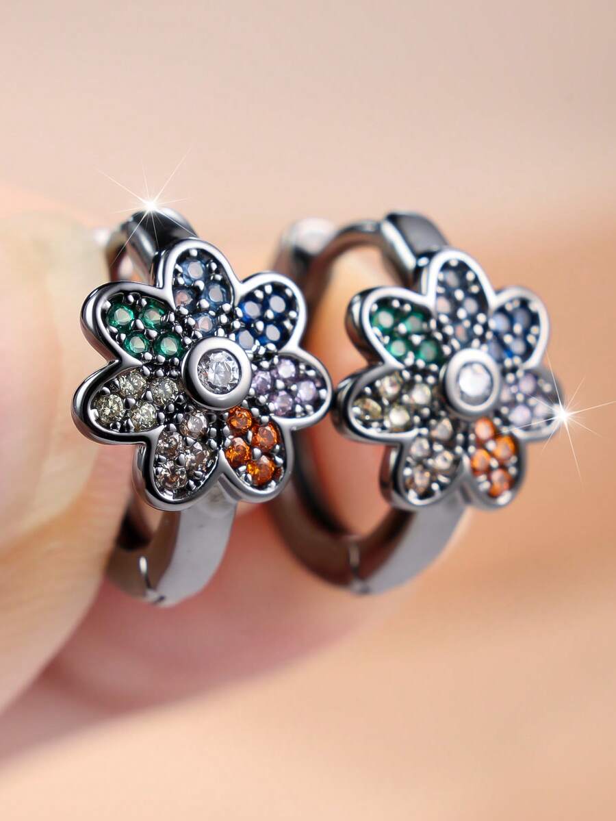 1 Pair Of Exquisite Inlayed Cubic Zirconia Flower-Design Women's Earrings-A Fresh, Eye-Catching Accessory For Everyday Outfits And A Perfect Gift - Gun Black - View 1