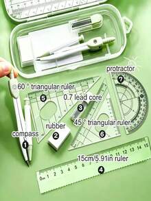 Transparent Storage Box/7-Piece Compass Set - Includes A Protractor And Ruler For Precise Geometric Drawing, As Well As A Triangle Ruler And A Complete Set Of Stationery. Multi-Functional Exam And Study Stationery Kit. Back To School. - E - View 2