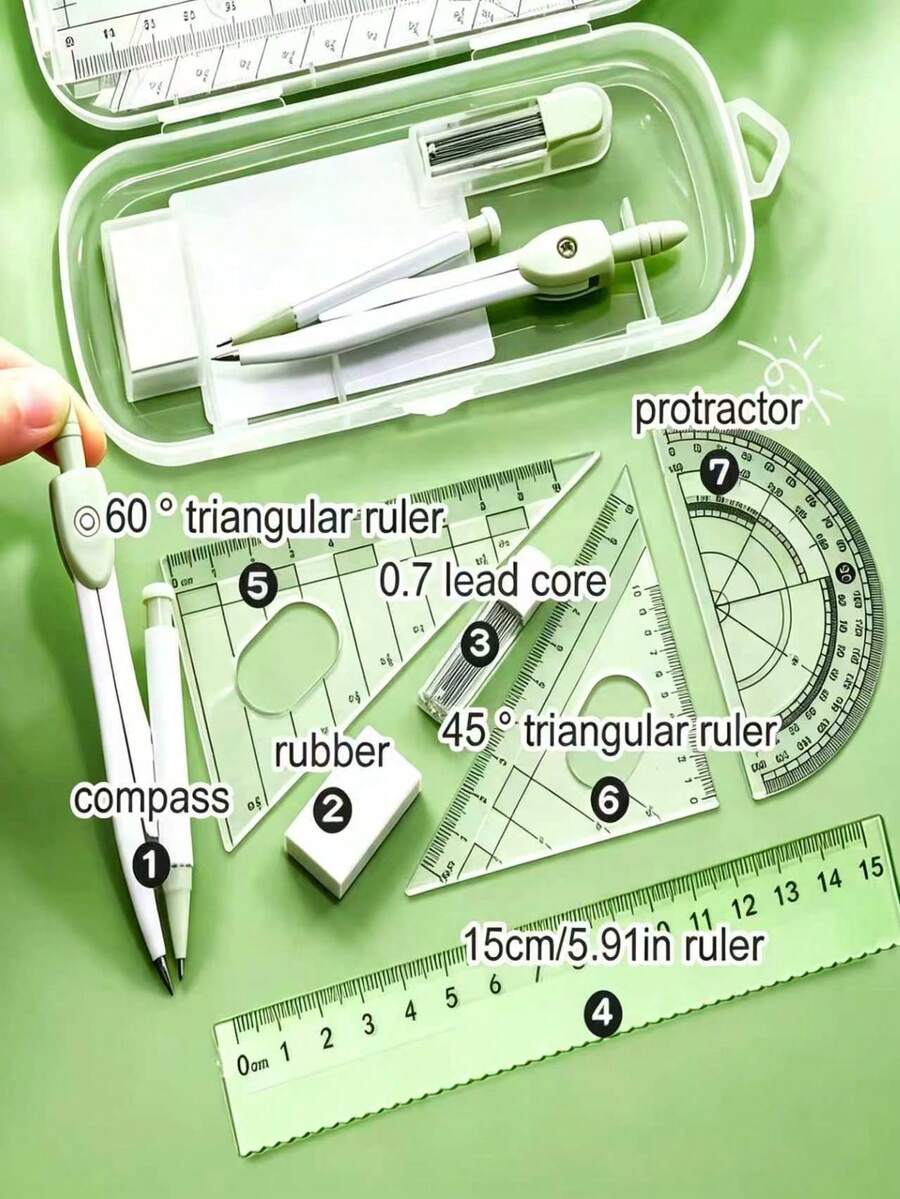 Transparent Storage Box/7-Piece Compass Set - Includes A Protractor And Ruler For Precise Geometric Drawing, As Well As A Triangle Ruler And A Complete Set Of Stationery. Multi-Functional Exam And Study Stationery Kit. Back To School. - E - View 1