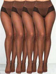 1/2/4 Pairs Plus Size Coffee Brown High Waist Sheer Pantyhose, Soft Stretch Invisible Toe Tights Hosiery Multipack - Multicolor - View 1