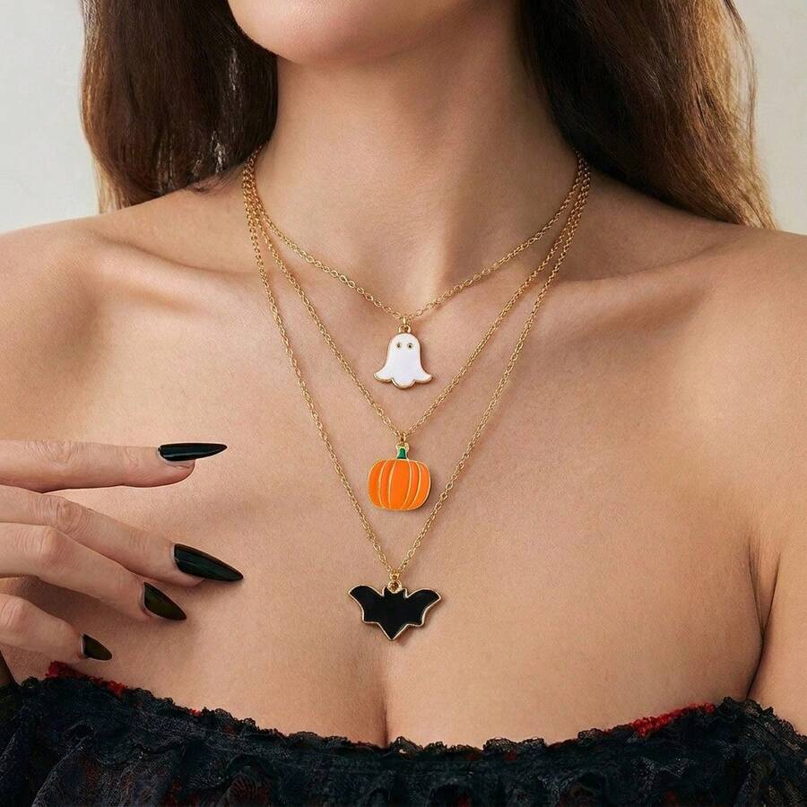 3pcs Halloween Multi-Layer Stacked Necklaces, Pumpkin Ghost Bat Oil Drop Pendant, Women's Holiday Party Decorative Collarbone Chain - Multicolor - View 1