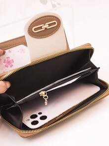 Women's Mini Handheld Phone Wallet, Exquisite Snap Closure Colorblock Patchwork Soft PU Long Wallet, Multifunctional Large Capacity Card Holder, Zipper Coin Purse, Lightweight And Fashionable - Brown - View 4