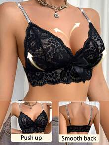 1pc Women's Casual Solid Color Lace Patchwork Sexy & Comfortable Minimalist Sports Bra - Black - View 4