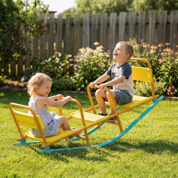 QABA Teeter Totter, 2 In 1 Metal Rocking Seesaw With Back & Easy-Grip Handles For Aged 3-8, 2 Seater Playground Equipment For Backyard Indoor Outdoor, Yellow