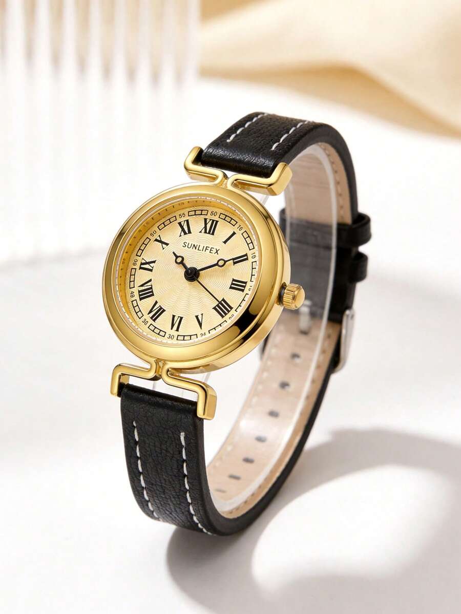 1 Pc Women's Gold Shell Round Jewelry Quartz Watch, Gold Dial With Roman Numeral Scale, Black PU Strap, Vintage Elegant Women's Watch - Black - View 1