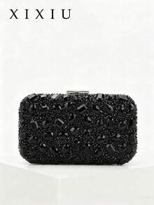 Women's Luxury Sparkling Crystal Decorated Square Box Clutch, Detachable Metal Chain Shoulder Strap, Wedding Accessory - Black - View 9