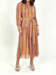 Women's Elegant Striped Tie-Neck A-Line Midi Dress, 3/4 Sleeve Design, Perfect Choice For Creating A Fashionable Autumn Look - Multicolor - View 3