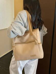 1件純色複合布料極簡Ins風多拉鍊口袋防水大容量可折疊女款工作包，適合女士日常通勤、外出、購物、旅行、度假，簡約行李收納，學生校園托特包，女友節日禮物 - 卡其色 - 查看 5