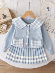 Girls' Fashion Knitted Sweater Set, Long Sleeve Cardigan And Skirt 2 Pieces Children's Autumn/Winter Outfit, Sweater Jacket - Mint Blue - View 1