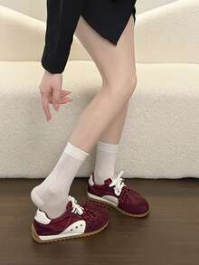 Sepatu Sneakers Wanita Bertali Rendah, Desain Patchwork Berlapis - Merah - View 8