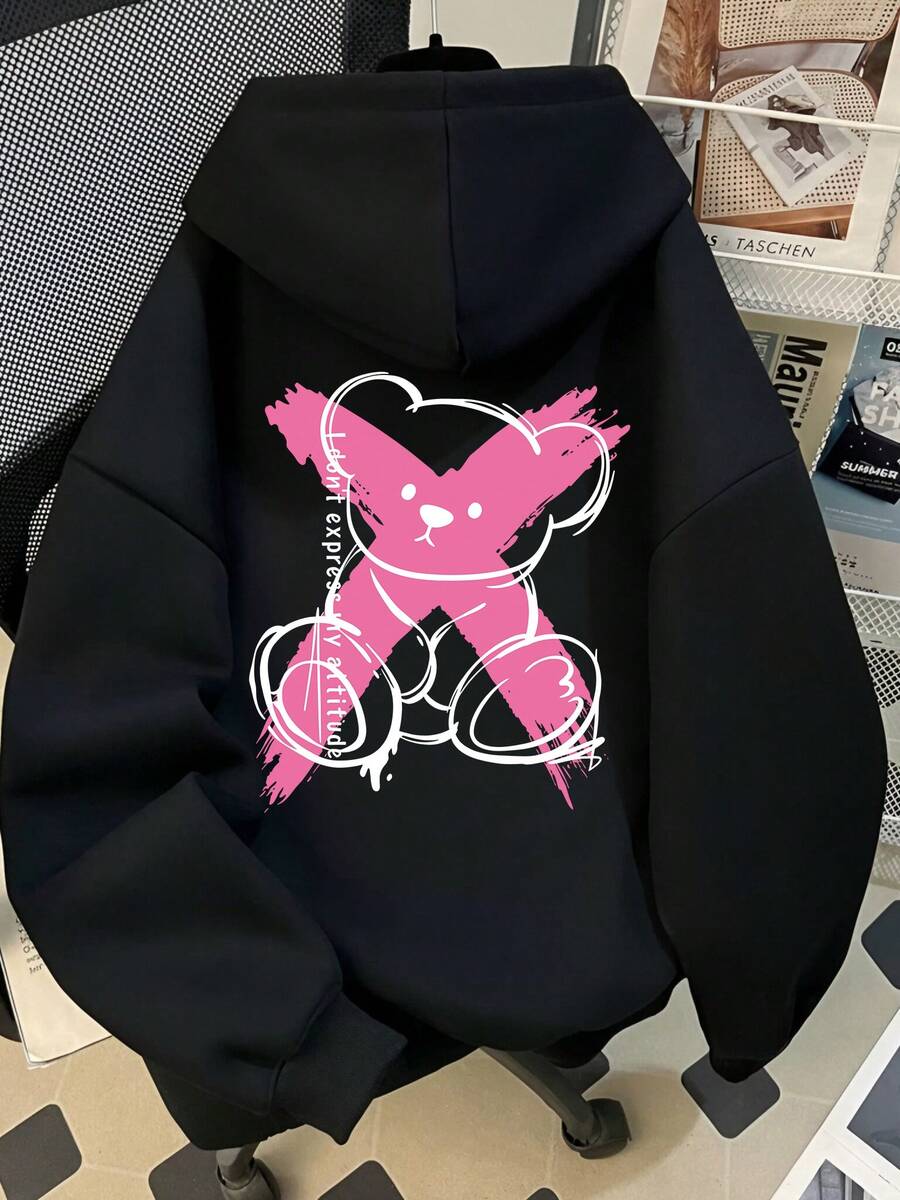 甜酷塗鴉十字熊印花女款寬鬆落肩休閒美式復古秋季套頭上衣 - 黑色 - 查看 1