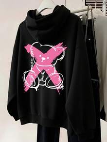 Sweet Cool Graffiti Cross Bear Print Sweatshirt Women Loose Drop Shoulder Casual American Retro Autumn Pullover Top - Black - View 3
