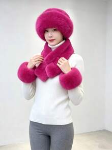 Women's Faux Fox Fur 3 Pieces Set, Plush Hat + Scarf + Arm Warmers, Winter Warm Faux Fur Accessories Set - Multicolor - View 24