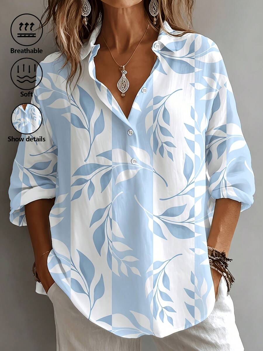 Plus Size Women Fashion Printed Lapel Rolled Sleeve Long Sleeve Shirt Half Button Front Blouse - Baby Blue - View 1