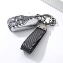 1入黑色商務風男士汽車鑰匙圈，高級碳纖維紋理鑰匙環，耐用鑰匙收納夾，適用汽車與電動車鑰匙 - 黑色 - 查看 3
