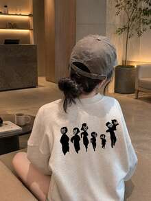 Women's Fashion Autumn/Winter Loose Versatile Letter Cartoon Print Long Sleeve T-Shirt Casual - Light Gray - View 4