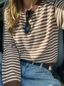 Women's Autumn Brown & White Striped Knit Sweater, Loose Fit, Round Neck, Long Sleeve, Dropped Shoulder, Short Length, Commuter Relaxed Style Fall - Khaki - View 1