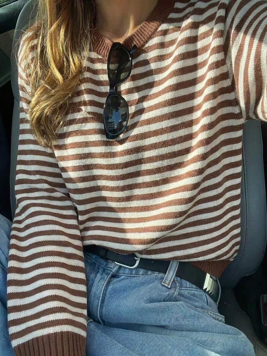 Women's Autumn Brown & White Striped Knit Sweater, Loose Fit, Round Neck, Long Sleeve, Dropped Shoulder, Short Length, Commuter Relaxed Style Fall - Khaki - View 1